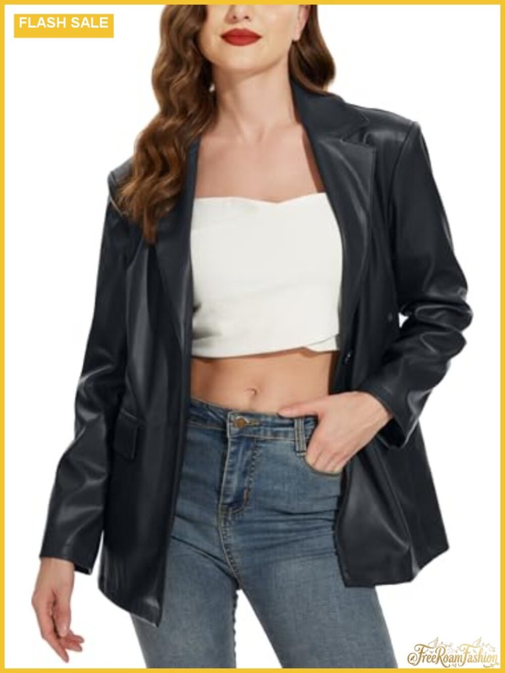Faux Leather Blazer Jacket Oversized Casual Coat Long Sleeve Collared